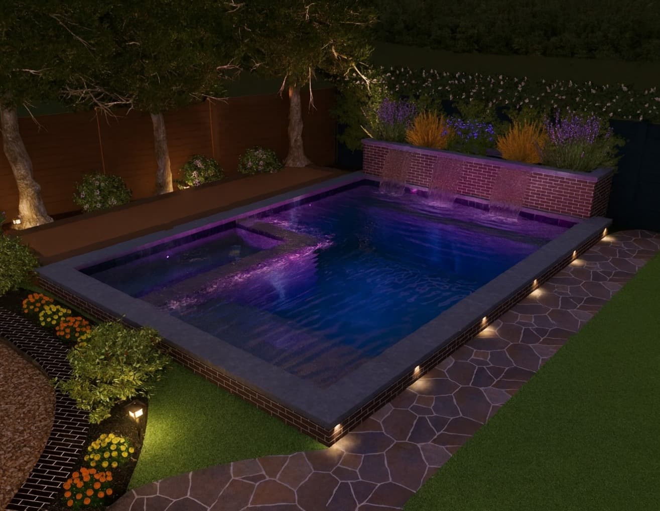 Luxury pool at night with purple lighting