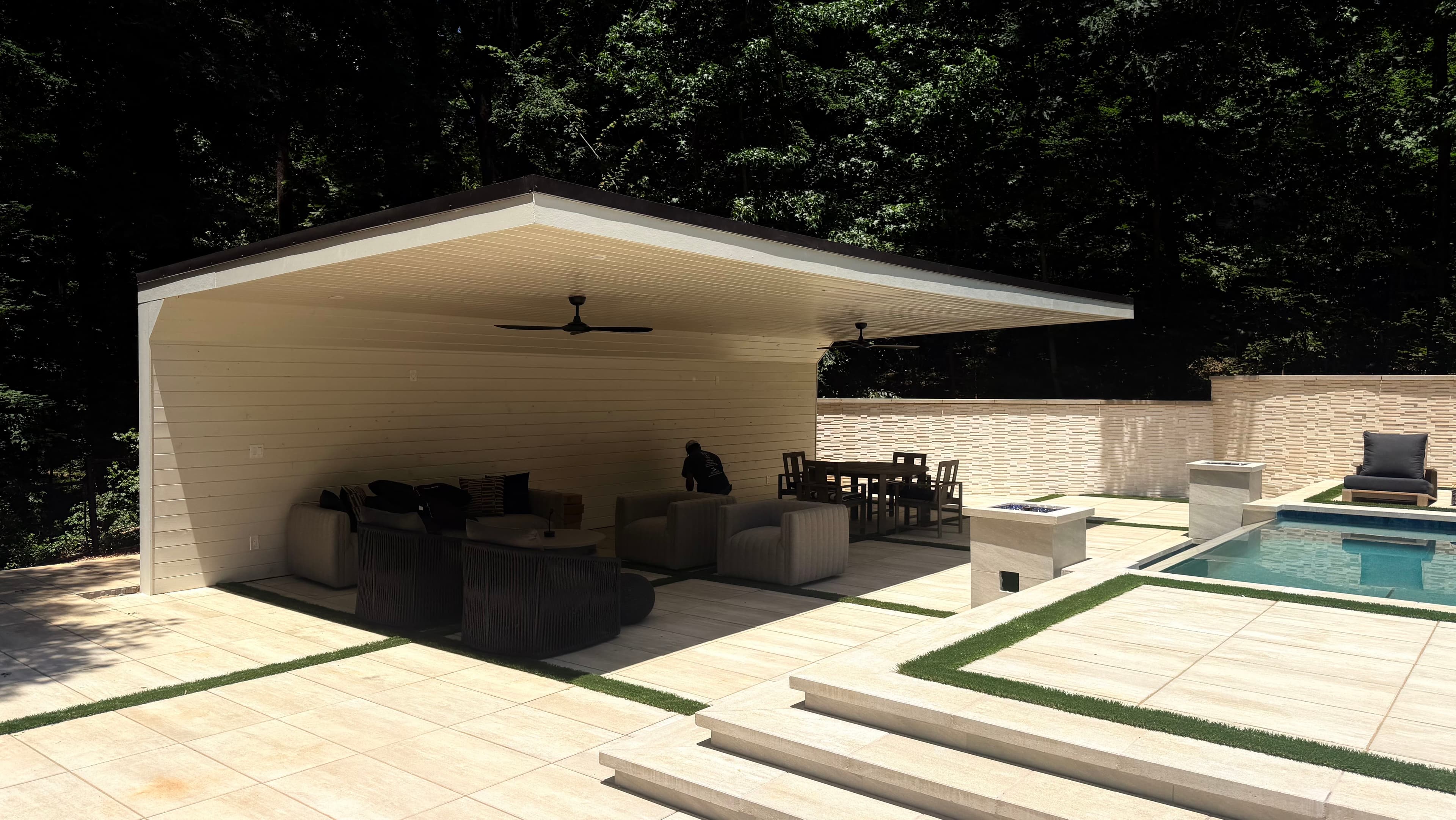 Modern covered pavilion with lounge seating