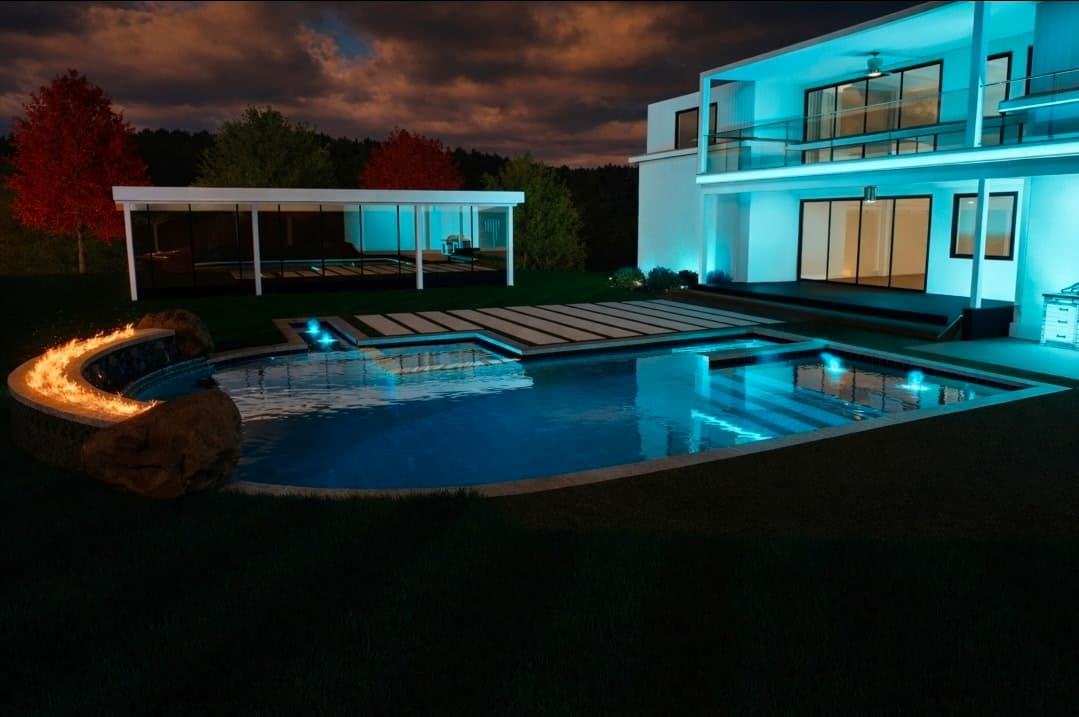 Illuminated pool water feature at night in Metro Atlanta