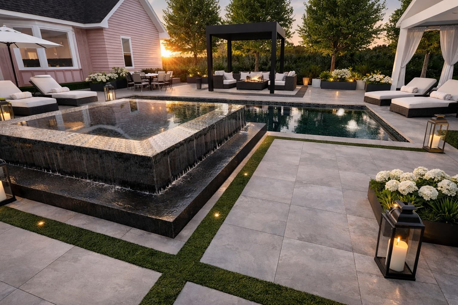 Modern pool with cascade waterfall spa feature in Marietta, GA